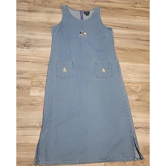 Vintage Blue J Dress Womens Size L  Blue Jean‎ Denim Embroidered Maxi Sleeveless - Picture 2 of 10